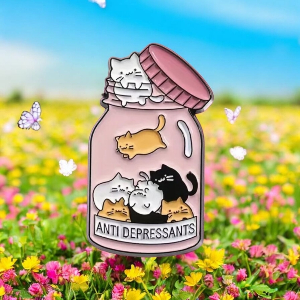 Adorable Enamel Pin Featuring Cats In A Jar Letters: Antidepresants‎